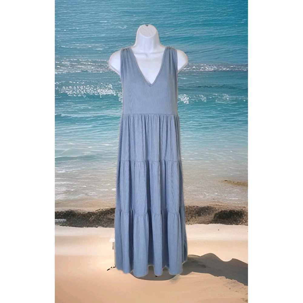 See You Monday Midi Dress L Powder Blue Tiered Sleeveless Stretch Summer Casual‎